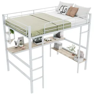 Okwish Hochbett 140/200 cm Metallbett mit Schreibtisch und Regalen in Weiß , 140x200 cm , Babymöbel & Kindermöbel, Kinderzimmer & Jugendzimmer, Kinderbetten, Hochbetten