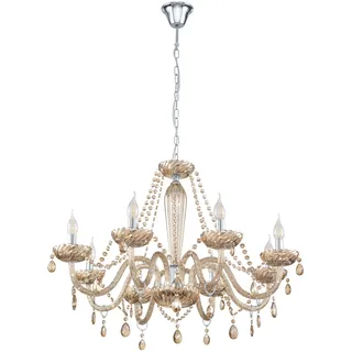 EGLO Pendelleuchte Basilano, 8 flammiger Kronleuchter Vintage, Shabby Chic, Hängelampe aus Stahl und Glas in Chrom, Cognac, Esstischlampe, Wohnzimmerlampe hängend mit E14 Fassung