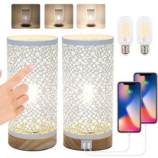 LALISU Nachttischlampe Touch Dimmbar 2er Set, Tischlampe mit Ladefunktion 2 USB Steckdosen 2 LED Birnen, Vintage Lampenschirm Kleine Lampe für Schlafzimmer Wohnzimmer Babyzimmer Büro (Weiß)