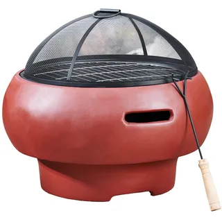 Teamson Home Garten Kleine, Runde Holzfeuerstelle, Gartenmöbel, Kaminofen, Feuerstellenheizung, Feuerschale, Holzbrenner mit Schürhaken, Grill und Deckel, Rot