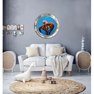 Queence "3D Bullauge Illusion Tintenfisch Korallen 40x40 cm", Selbstklebender Wanddurchbruch Unterwasser,