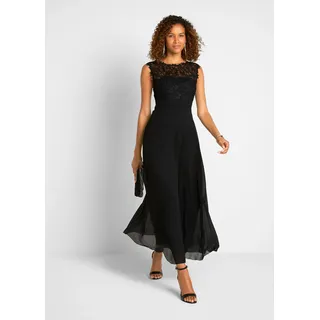 Maxikleid BONPRIX "Maxikleid mit Spitze", Damen, Gr. 50, N-Gr, schwarz (schwarz (länge: regulär)), Spitze, Obermaterial: 100% Polyester. Futter: 100% Polyester. Spitze: 100% Polyester, unifarben, festlich, tailliert knöchellang, Rundhals, Kleider Maxikleid, für festliche Anlässe, vollständig gefüttert, taillierte Passform, Topseller