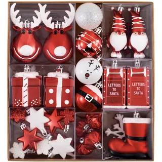 Victor's Workshop Weihnachtskugeln, Christbaumkugeln Kunststoff Weihnachtskugel Set Weihnachtsdeko mit Aufhänger Geschenkpaket Weihnachtsbaumschmuck Rot Weiß Thema (50)