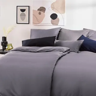 Blumtal Mako Satin Bettwäsche 135 x 200 & 80x80 cm Kissenbezug Anthrazit - Oeko Tex Zertifizierte Satin Bettwäsche aus 100% Baumwolle - edler Bettbezug Glanzoptik 135x200 Satin mit Reißverschluss