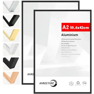 HIMEETIME® 2x Bilderrahmen DIN A2 42x59,4 cm Schwarz Metall Rahmen,Dokumentenrahmen 42x59,4 cm Groß Collage,Metallrahmen Alu-Bilderrahmen Aluminium,Picture Frame 42x60 Fotorahmen