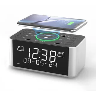 iTOMA Wireless Charging Wecker mit DAB, DAB+/FM Radio, 40 Preset Stationen, Dual Alarms, Snooze, Dimmbare LCD Anzeige, Bluetooth, USB Ladestation und Kopfhörerbuchse, Nachtwecker Radio 206D-2