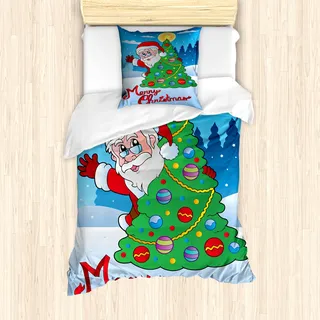 ABAKUHAUS Weihnachtsmann Mantele, Baum verschneiten Wald, Milbensicher Allergiker geeignet mit Kissenbezügen, 135 cm x 200 cm - 80 x 80 cm, Mehrfarbig