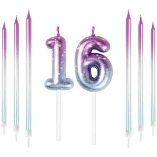Mciskin 16th Birthday Number Kerzen Dekorationen Bunte 16 Kerze mit Rosa Lila Lange Kerzen Kuchen Kerzen Kuchen Topper Dekorationen für Jungen Mädchen Männer Frauen Geburtstagsfeier Hochzeit Jubiläum
