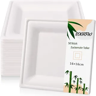 EOGRFW Zuckerrohr Teller,50 Stück Umweltverträgliches Bagasse Geschirr Einweg,16x16 cm Pappteller Eckig,Weiß Bagasse Einwegteller für Party,Camping,Picknicks,Grillpartys,Geburtstage