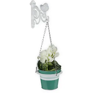 Relaxdays Blumenampel Halterung Wand, Vintage-Look, für Blumentopf Ø 12 cm, Wandblumenhalter Metall, Blumenhaken, weiß