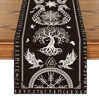 Artoid Mode Schwarz Wikinger Baum des Lebens Rabe Helm der Ehrfurcht Tischläufer, Saisonnal Tisch Dekoration Drinnen Urlaub Party Dekor 40x100 cm