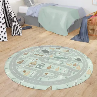 TT Home Teppich Kinderzimmer Kinderteppich Babymatte Straßen Motiv Tiere Wald Haus Junge, Farbe:Türkis, Größe:150 cm Rund