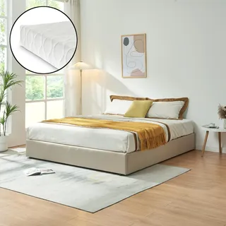 Polsterbett 'Nola' mit Matratze und Bettkasten 160 x 200 cm Leinen Beige - Beige