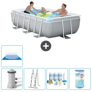 Intex Rechteckiges Prisma-Rahmen-Schwimmbecken – 300 x 175 x 80 cm – Grau – inklusive Pumpe – Leiter Wartungspaket - Filter - Bodenplane - Grau