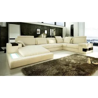 Ledersofa USB Design Sofa U Form Wohnlandschaft Couch Polster Ecksofa Neu LED - Beige