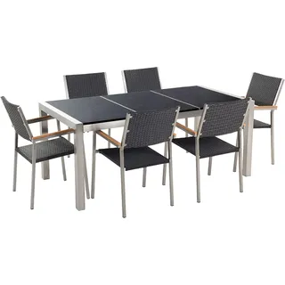 BELIANI Gartenmöbel Set Schwarz Granit Edelstahl Tisch 180 cm Poliert 6 Rattanstühle Terrasse Outdoor Modern - Schwarz, Silber