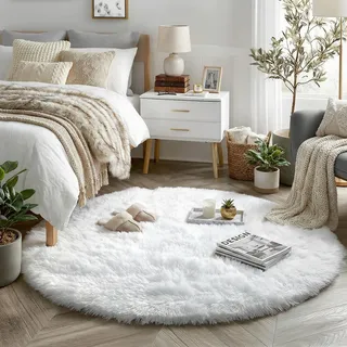 Weißer Runder Teppich - Flauschiger Kreisteppich für Schlafzimmer, Kinderzimmer und Jugendzimmer - Zotteliger Plüschteppich