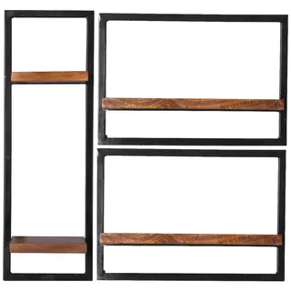 Mid.you Wandregalset , Naturfarben, Schwarz , Holz, Metall , 3-teilig , Mangoholz , massiv , 4 Fächer , 80x75x25 cm , Wohnzimmer, Regale, Wandregale