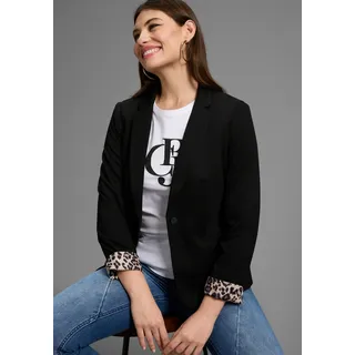 Kurzblazer BRUNO BANANI, Damen, Gr. 34, schwarz, Milano Rib, Obermaterial: 58% Viskose, 37% Polyester, 5% Elasthan. Futter: 100% Polyester, gemustert, unifarben, figurbetont hüftlang, tiefer V-Ausschnitt, Blazer Kurzblazer, Leoprint-Futter, Topseller