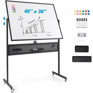 FANTASK Mobiles doppelseitiges Whiteboard, Magnetisches Whiteboard mit Stecktafel, Rollen & Ständer, inkl. Zubehör, Magnettafel auf Füßen für Büro, Zuhause, Schwarz, 120 x 90 cm