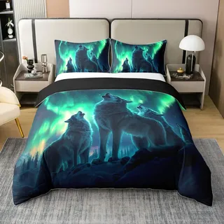 Howling Wolf 100% Baumwolle Tröster Bezug 135x200,Türkis Ombre Aurora Bettwäsche Set,Wölfe Wildlife Safari Tier Bettbezug,Natürliche Landschaft Bettbezug Weich Atmungsaktiv,Reversible