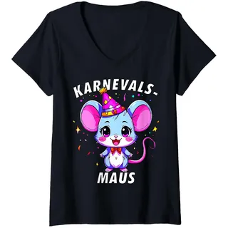 Damen Karnevals-Maus Fasching lustiges Karneval Kostüm T-Shirt mit V-Ausschnitt, Schwarz, L