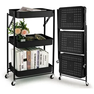 Todeco Klappbarer Rollwagen mit 3 Ebenen, Servierwagen, Küchenwagen aus Metall und Kunststoff, Keine Montage, 46 x 29 x 78 cm, für Bad, Küche (Schwarz)