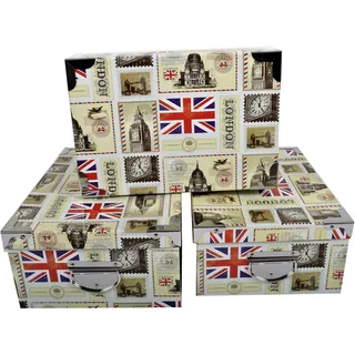2J London,Satz von 3 bedruckten Pappschachteln aus Karton Dekor UK, England, London mit Metallwinkeln und Griffen. Größen: B 42x30x16 cm - M 40x20,5x15 cm - S 38x26,5x14 cm