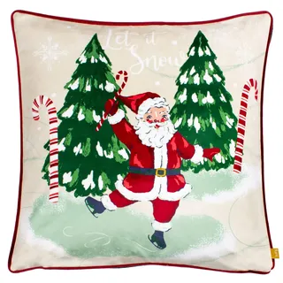 furn. Jolly Santa Federgefülltes Kissen (Mehrfarbig - 43x43cm) | Tanzender Weihnachtsmann Weihnachtsbäume Samtrückseite Paspeliert Festlich Saisonales Kissen