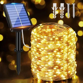 Ollny Solar Lichterkette aussen, 20M 200 LED lichterkette außen, 8 Modi IP65 wasserdicht Kupferdraht Lichterkette outdoor für Garten Balkon Terrasse Baum Hof Party (Warmweiß)