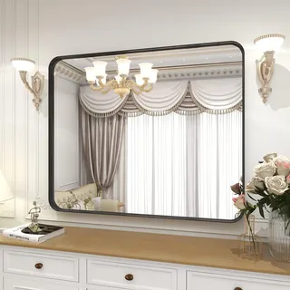 Runder Eck-Badezimmerspiegel, Wandspiegel mit Aluminiumrahmen für Schlafzimmer,  zum Aufhängen oder Anlehnen, horizontal oder vertikal, 36x48 Zoll , schwarz, 120  cm, 90 cm - Schwarz