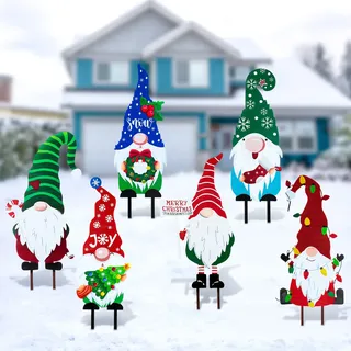 Sosation 6 Stück Metall Weihnachten Hofschild Dekoration Zwerg Hofpfahl Outdoor Terrasse Hof Rasen Schilder Dekorative Gartenstecker für den Außenbereich Weihnachten Urlaub Garten Weg