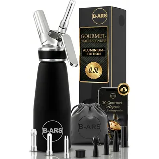 B-ARS Sahnespender Aluminium Hochwertiger SCHWARZ 500 ml Mit Edelstahl-Düsen Perfekt Für Desserts Schlagsahne Mousse Einfach Zu Reinigen.