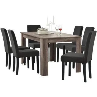 [en.casa] Esstisch (antike Eiche) mit 6 Esszimmerstühlen in dunkelgrau - 140x90cm - Dunkelgrau/Schwarz
