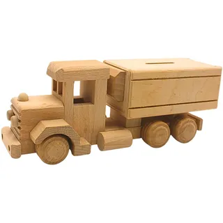 Dekohelden24 Nachhaltige fahrbare Holz - Spardose, Sparbüchse als LKW, nostalgische LKW - Spardose, Kinderspardose Lastkraftwagen, Spartransporter, Nostalgie LKW aus Buchenholz, L/B/H 25 x 8 x 9 cm.