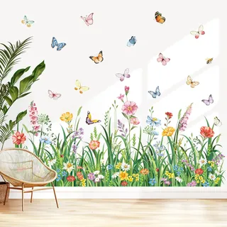 decalmile Wandsticker Grün Gras Blumen Wandtattoo Blumenwiese Schmetterlinge Wildblumen Pflanzen Wandaufkleber Kinderzimmer Wohnzimmer Schlafzimmer Wanddeko