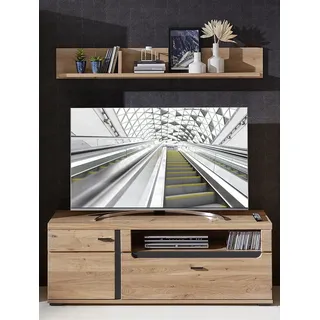 TV-Lowboard mit Esche Massivholzfronten inkl. Wandboard STAVEN-36 mit Absetzungen in schwarz matt, B/H/T ca. 150/200/42 cm - Braun