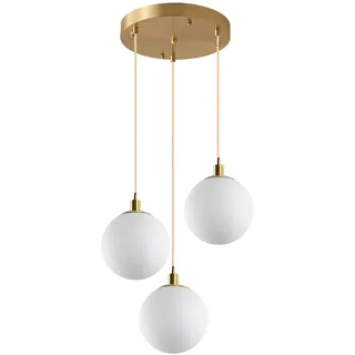 ZTTECH Glass Pendant Light Modern Minimalist 3 Light Globe Cluster 15cm/5.9" Hanging Lamp Adjustable Height Brass Base White Frosted Glass for Kitchen Island Dining Room
