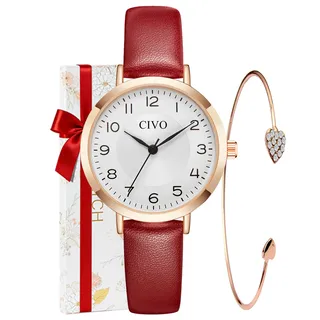 CIVO Damen Uhr Wasserdicht Klein Analog Quarz Lederarmband Armbanduhr Damen Set Minimalistisch Kreative Uhr für Frauen Rot