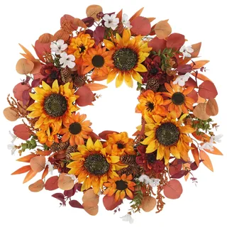 Künstlicher Herbstkranz 61 cm mit Sonnenblumen & Dahlien – Türkranz mit Eukalyptusblättern, Beeren & Zapfen – Handgemachte Herbstdeko für Tür, Wand & Innenraum