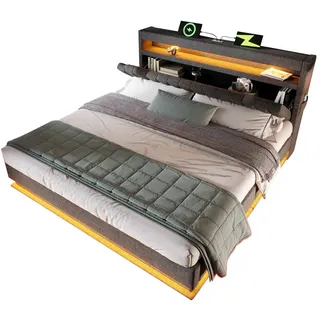 Modfu Polsterbett aus Leinen 140x190 cm in Grau mit LED-Beleuchtung & Ladestation , Textil , 140x190 cm , Schlafzimmer, Betten, Polsterbetten