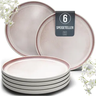 6x Steingut Teller groß Ibiza Serie - Edle Speiseteller Spülmaschinen-, Mikrowellen-, Kratzfest - Stylishes Teller Set 6 Personen in Beige und Rose - Geschirrset 6 Personen, Essteller, Geschirr Set