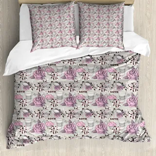 ABAKUHAUS Tee-Party Bettbezug, Romantische Rosen Vögel, Milbensicher Allergiker geeignet mit Kissenbezügen, 155 cm x 220 cm - 80 x 80 cm, Pale Pink Staub - Rosa
