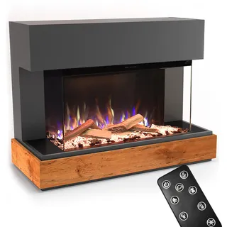 GLOW FIRE Kaminofen Curie mit realistischem 3D E-Motion LED-Feuer - Stand-Elektrokamin mit Heizung, Kaminfeuer & Timer, max. 1500 W, 114x89x41,5, Grau