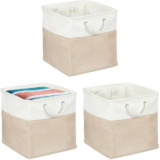Relaxdays Aufbewahrungskorb 3er Set Leinen mit Seilgriffen 35 x 35 x 11 cm beige/weiß