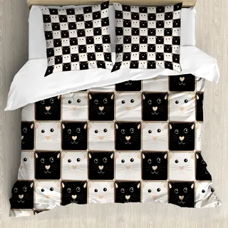 ABAKUHAUS Checkers Spiel Bettbezug, Quadrate mit Katzen, Milbensicher Allergiker geeignet mit Kissenbezügen, 200 cm x 200 cm - 80 x 80 cm, Dunkelbraun Beige
