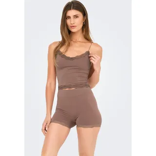 Spitzentop ONLY "ONLVICKY LACE SEAMLESS CROPPED TOP", Damen, Gr. XS, braun (cognac), Jersey, Obermaterial: 92% Polyamid, 8% Elasthan, unifarben, bauchfrei, V-Ausschnitt, Tops Spitzentop