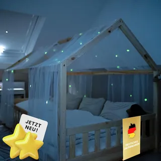 lilimaus Hausbett Himmel mit leuchtenden Sternen - Betthimmel Hausbett Deko - Geschenk Mädchen & Jungen - Himmelbett Vorhänge für 90x200 & 120x200 Kinderbetten - Leuchtsterne Kinderzimmer Deko