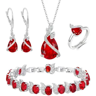 Clearine Hochzeit Schmuck-Set für die Braut Tropfenschliff Rubin-Rot Zirkonia Halskette Leverback Ohrringe Tennis Armband und einstellbare Ring Set Geschenk für Damen