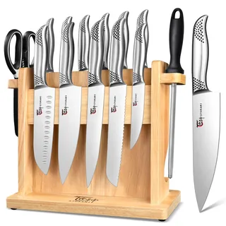 Japanisches Küchenmesser Set, magnetisches Messer Set mit Block und Schärfer, Edelstahl-Messerset als Geschenk für Paare, Hochzeiten, Frauen oder Mütter, inklusive Geschenkbox, 14-teilig, Black Dot